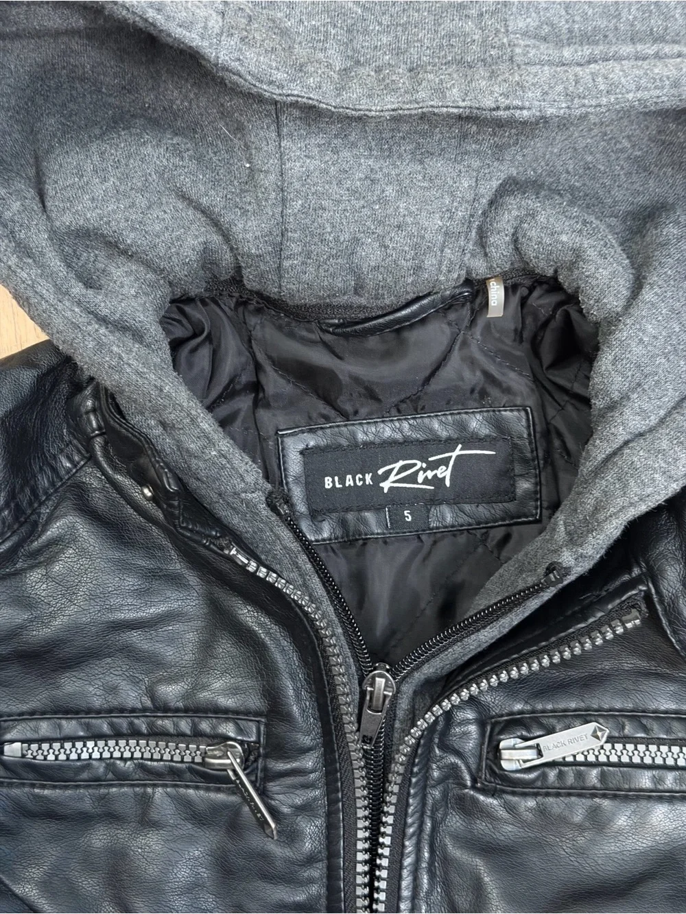 Black Rivet Kids Black Faux Leather Jacket with Gray Hood
